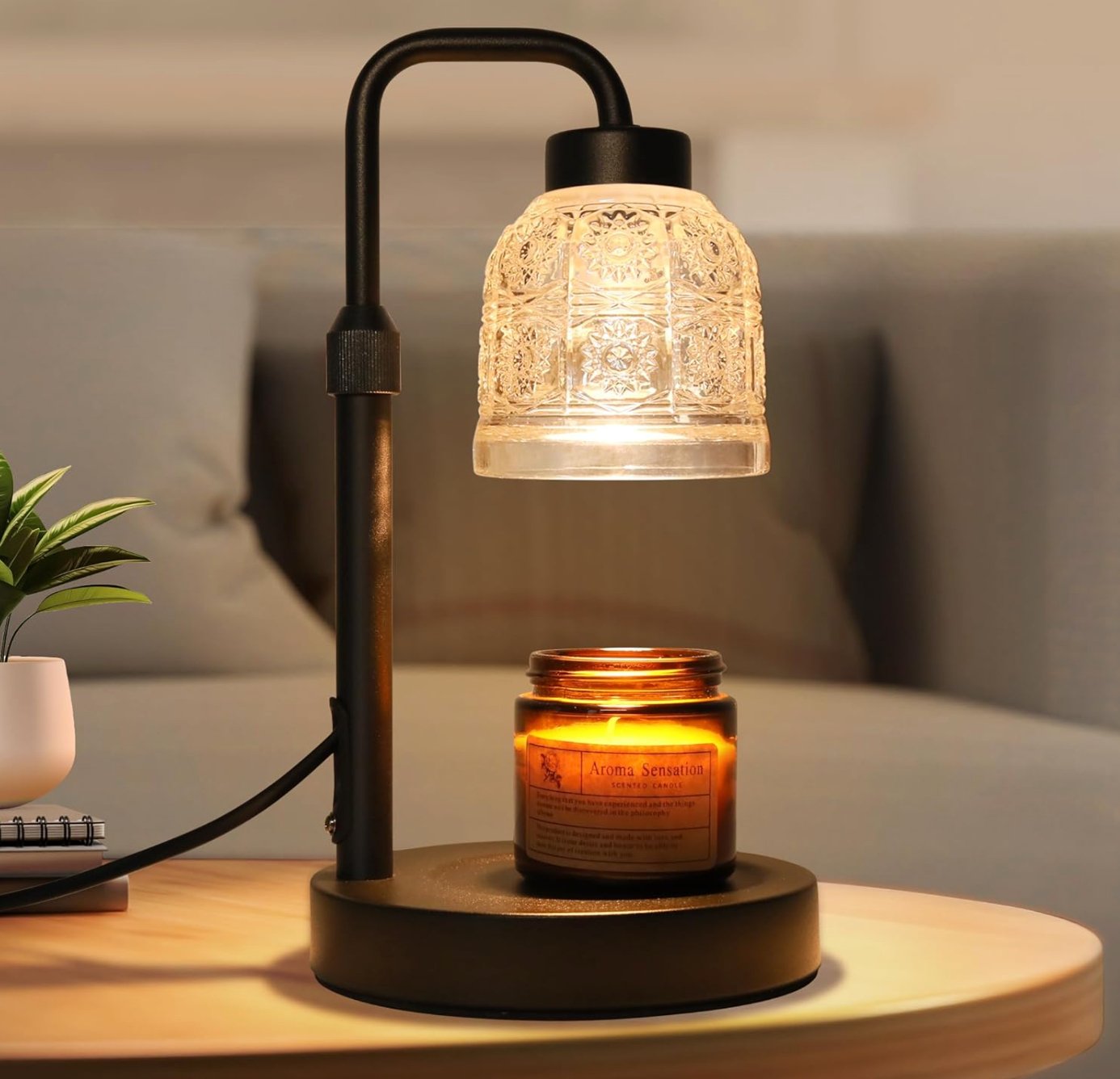 Transitional Candle Warmer Lamp in Matte Black with Textured Glass Shade - HER Home Design Boutique